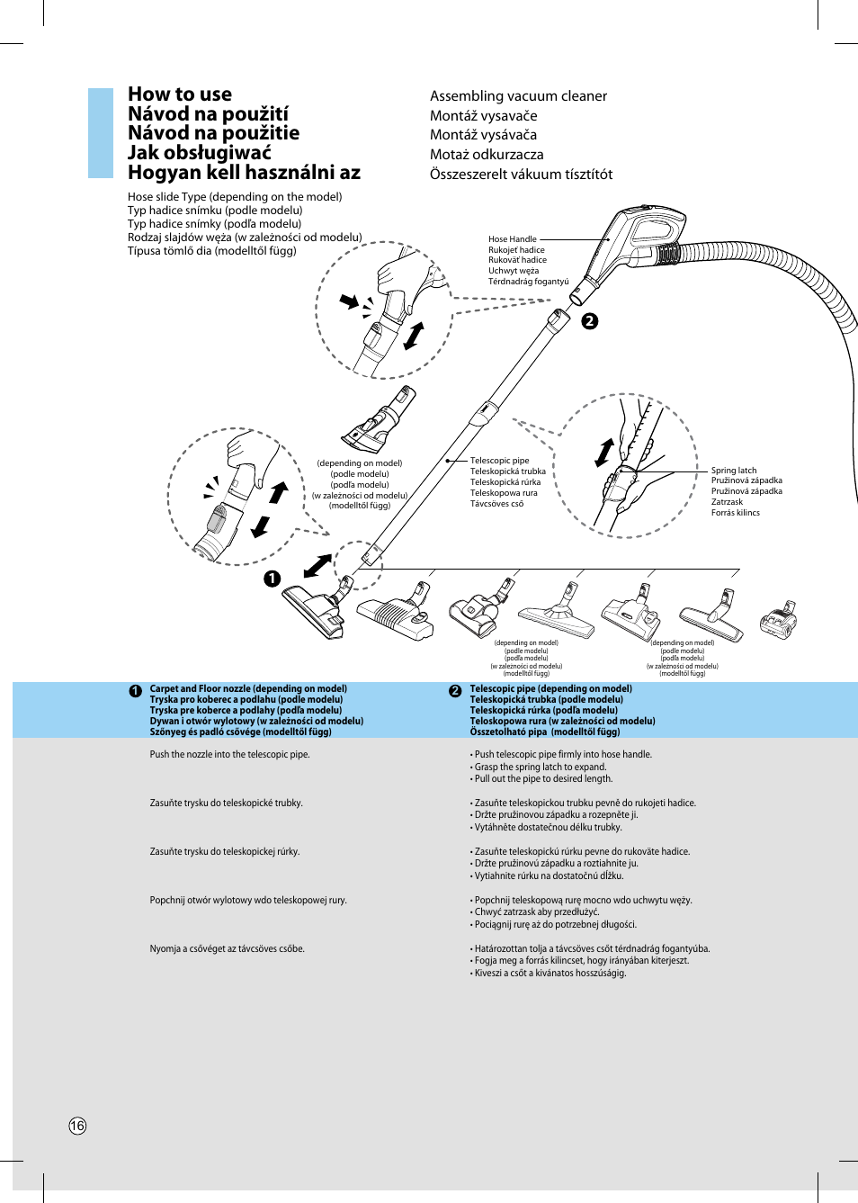 How to use, Návod na použití, Návod na použitie | Jak obsługiwać, Hogyan kell használni az, Assembling vacuum cleaner, Montáž vysavače, Montáž vysávača, Motaż odkurzacza, Összeszerelt vákuum tísztítót | LG VC4916NNTQ User Manual | Page 17 / 31
