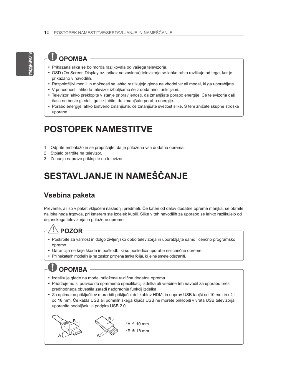 Postopek namestitve, Sestavljanje in nameščanje, Vsebina paketa | Opomba, Pozor | LG 42LS3400 User Manual | Page 238 / 397