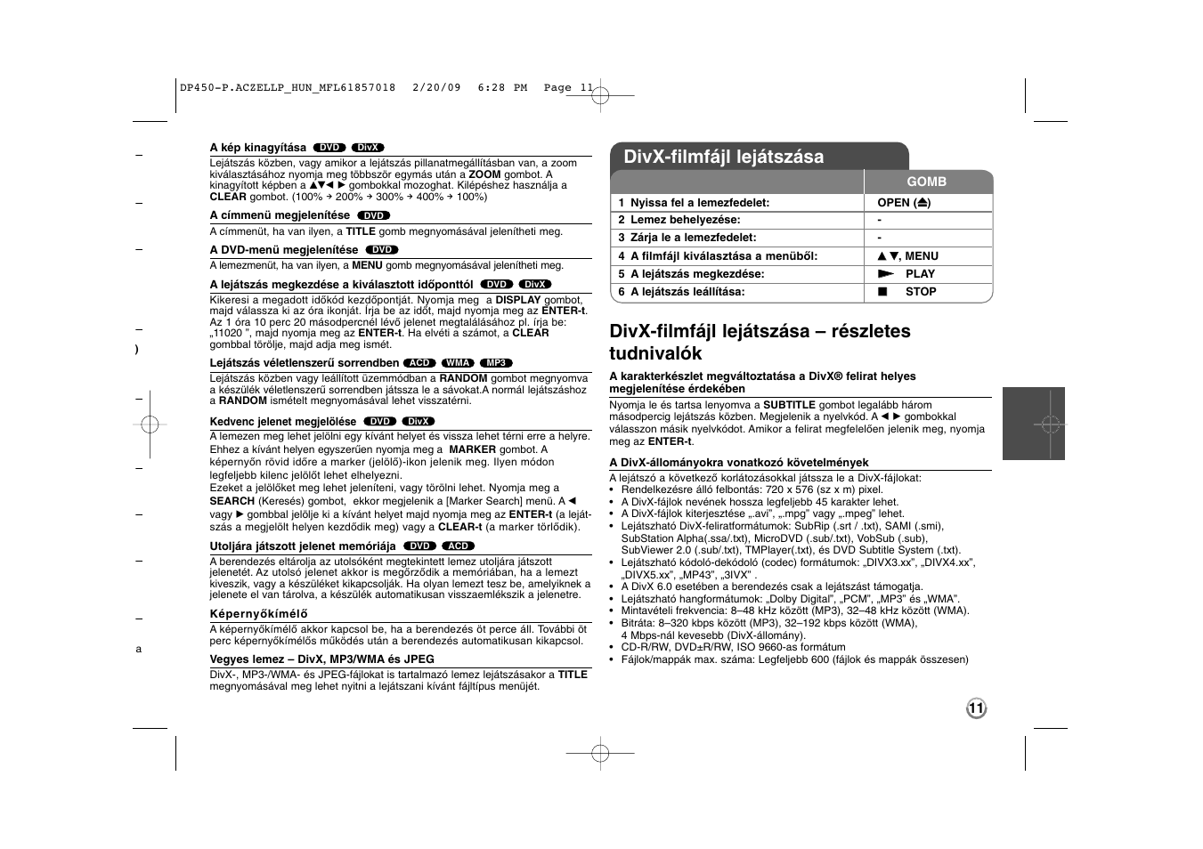 Divx-filmfájl lejátszása – részletes tudnivalók, Divx-filmfájl lejátszása | LG DP450P User Manual | Page 53 / 70