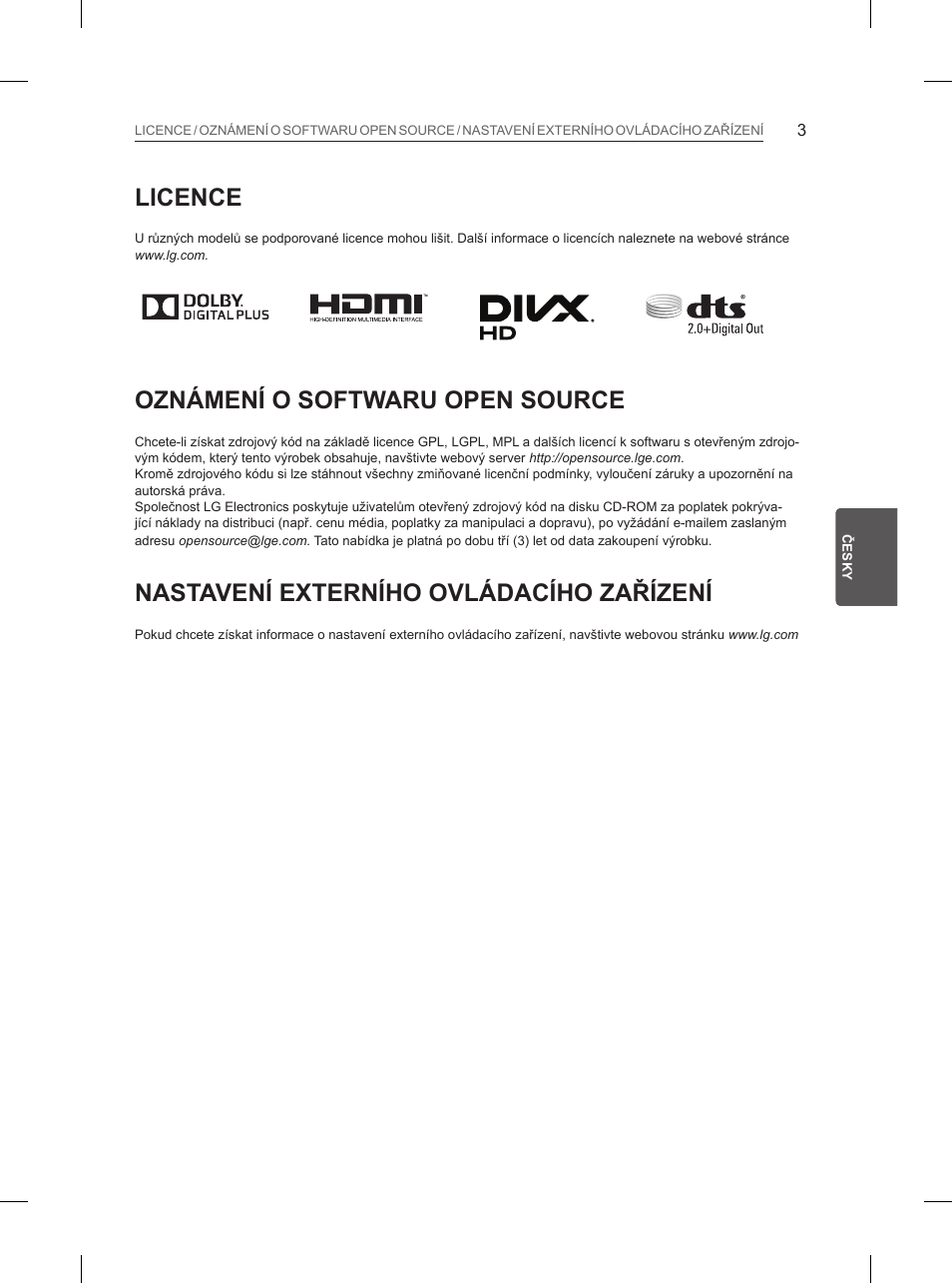 Licence, Oznámení o softwaru open source, Nastavení externího ovládacího zařízení | LG 84UB980V User Manual | Page 161 / 332
