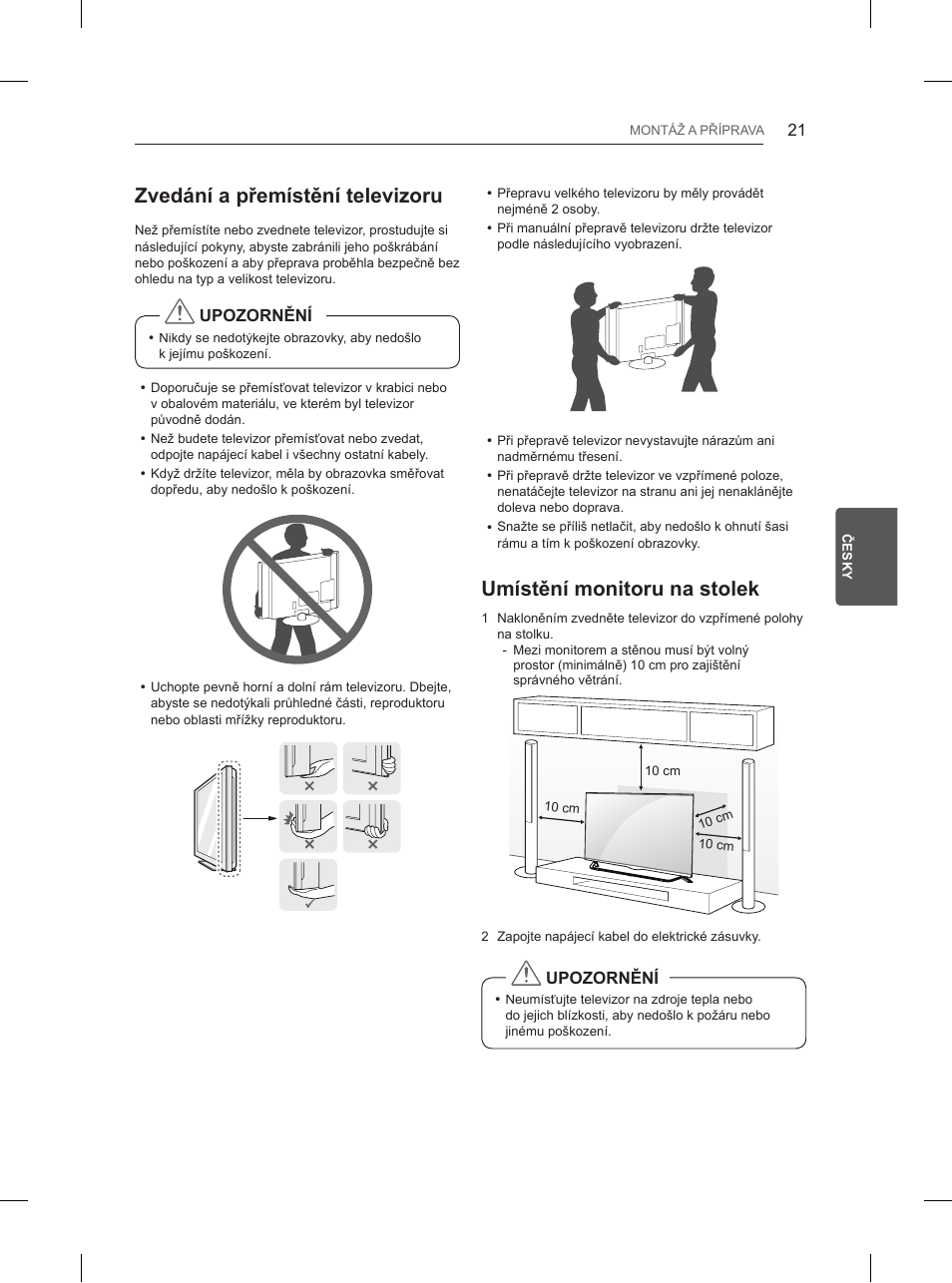 Zvedání a přemístění televizoru, Umístění monitoru na stolek | LG 84UB980V User Manual | Page 179 / 332