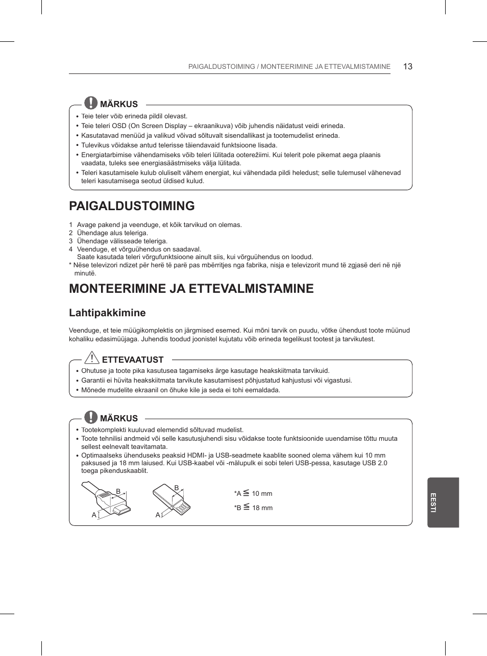 Paigaldustoiming, Monteerimine ja ettevalmistamine, Lahtipakkimine | LG 84UB980V User Manual | Page 307 / 332