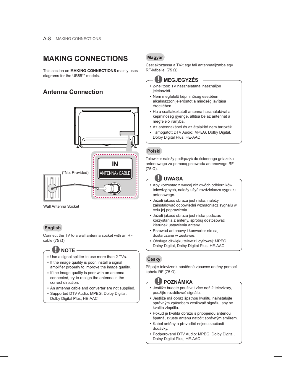 Making connections, Antenna connection | LG 84UB980V User Manual | Page 8 / 332