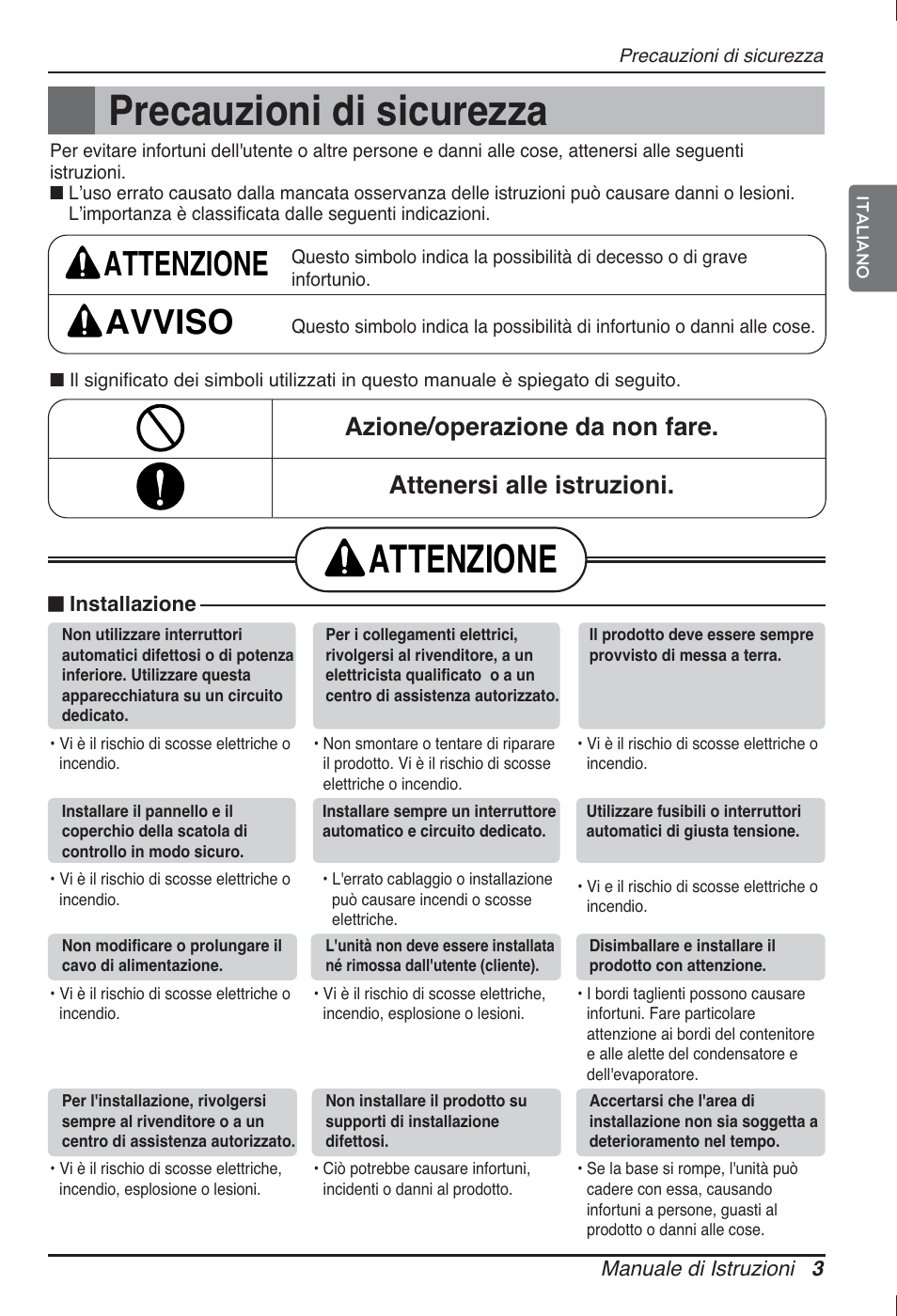 Precauzioni di sicurezza, Attenzione, Attenzione avviso | LG ARNU09GSEL2 User Manual | Page 15 / 205