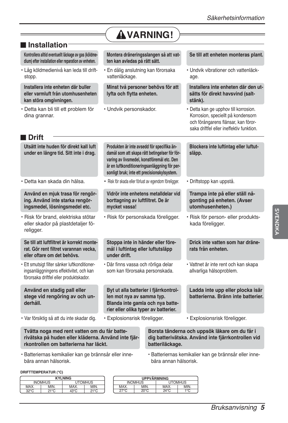 Varning, Installation, Drift | Bruksanvisning 5, Säkerhetsinformation | LG ARNU09GSEL2 User Manual | Page 185 / 205
