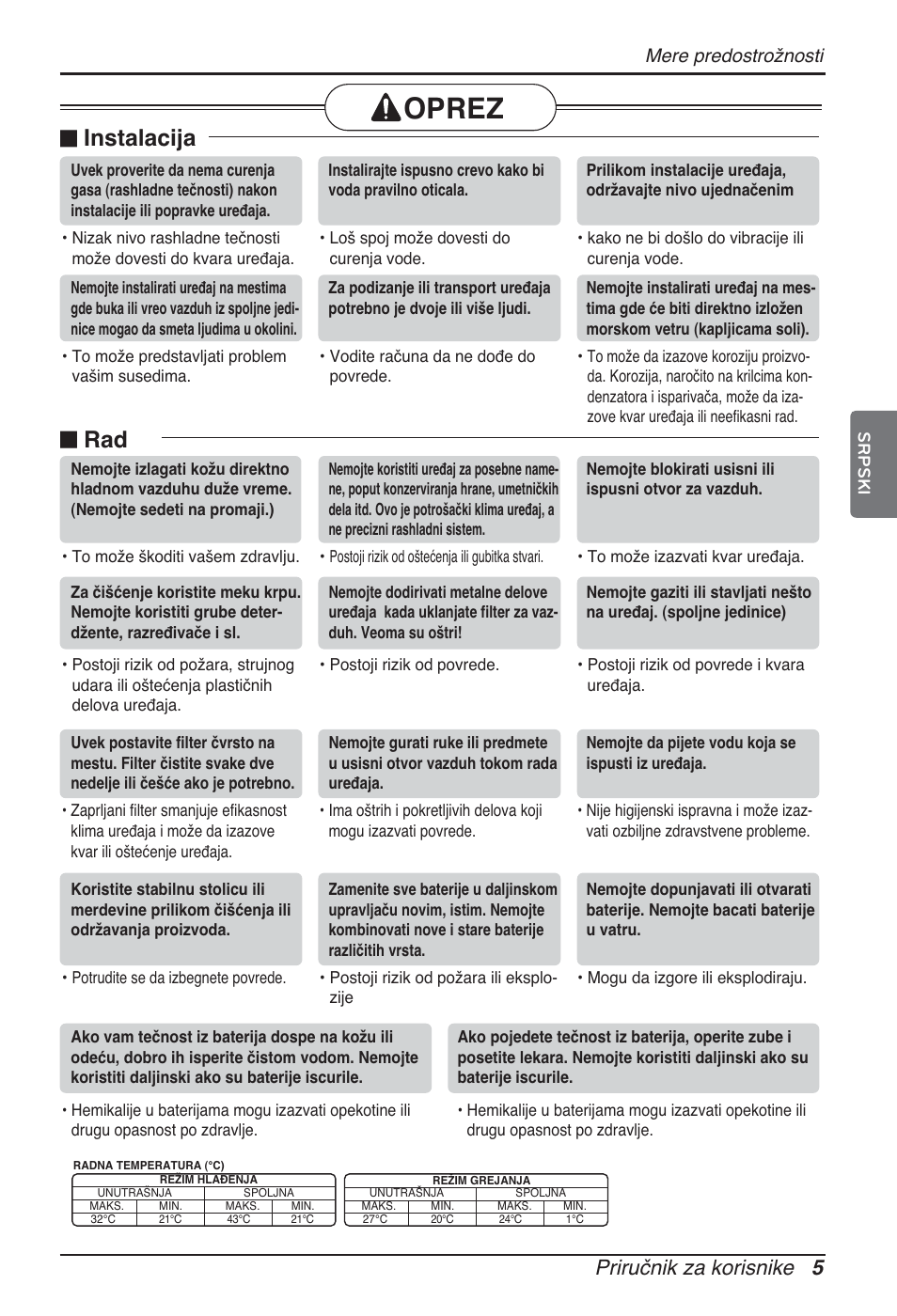 Oprez, N instalacija, N rad | Priručnik za korisnike 5, Mere predostrožnosti | LG ARNU12GCEA2 User Manual | Page 161 / 205