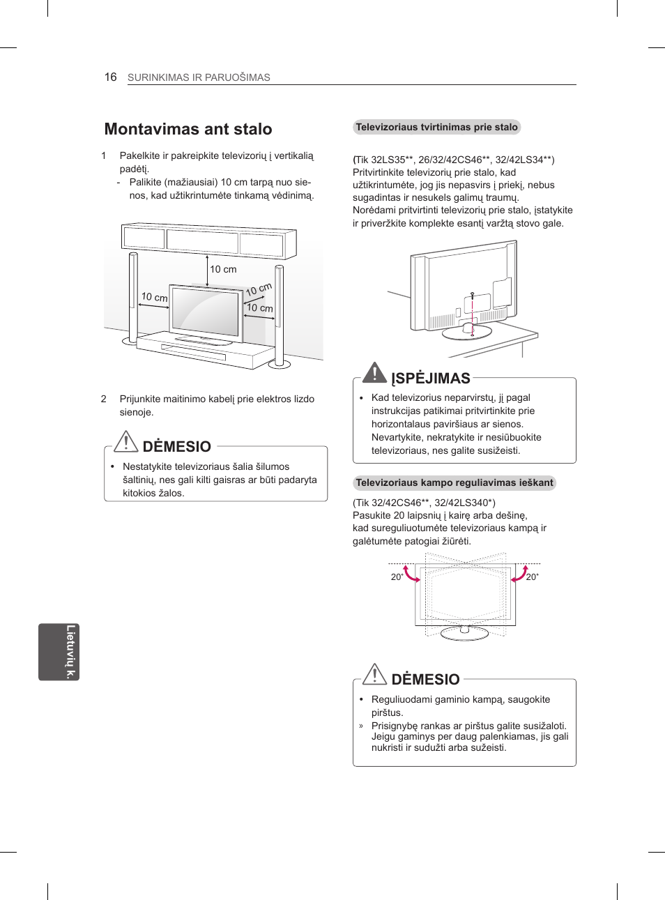 Montavimas ant stalo, Dėmesio, Įspėjimas | LG 42CS460 User Manual | Page 200 / 396