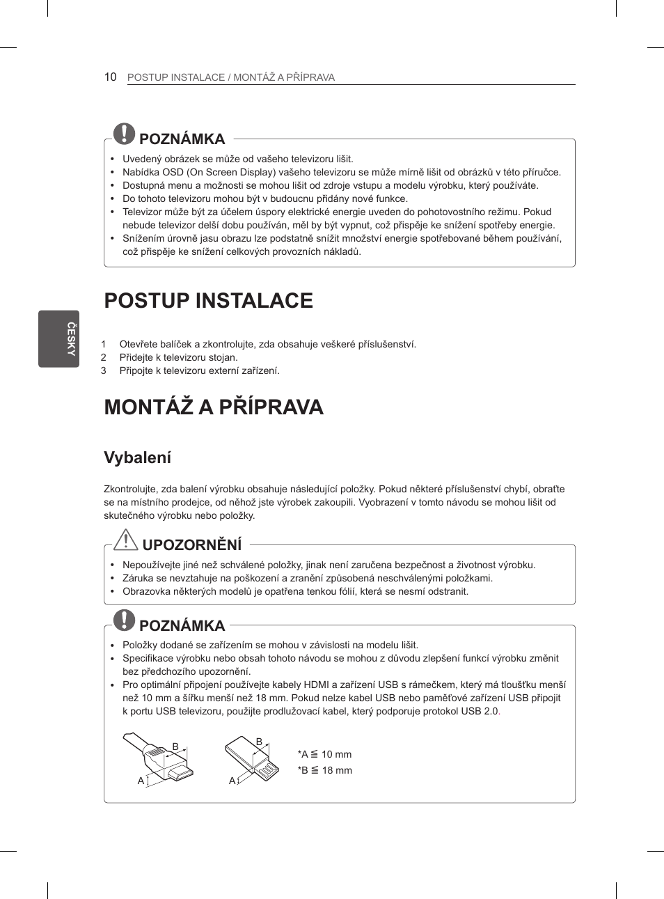 Postup instalace, Montáž a příprava, Vybalení | Poznámka, Upozornění | LG 42CS460 User Manual | Page 84 / 396