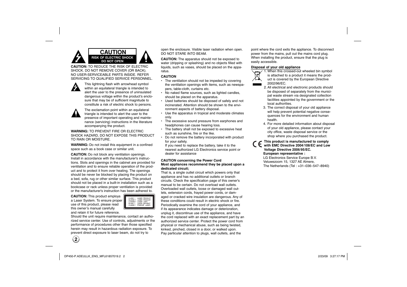 Caution | LG DP450 User Manual | Page 2 / 84