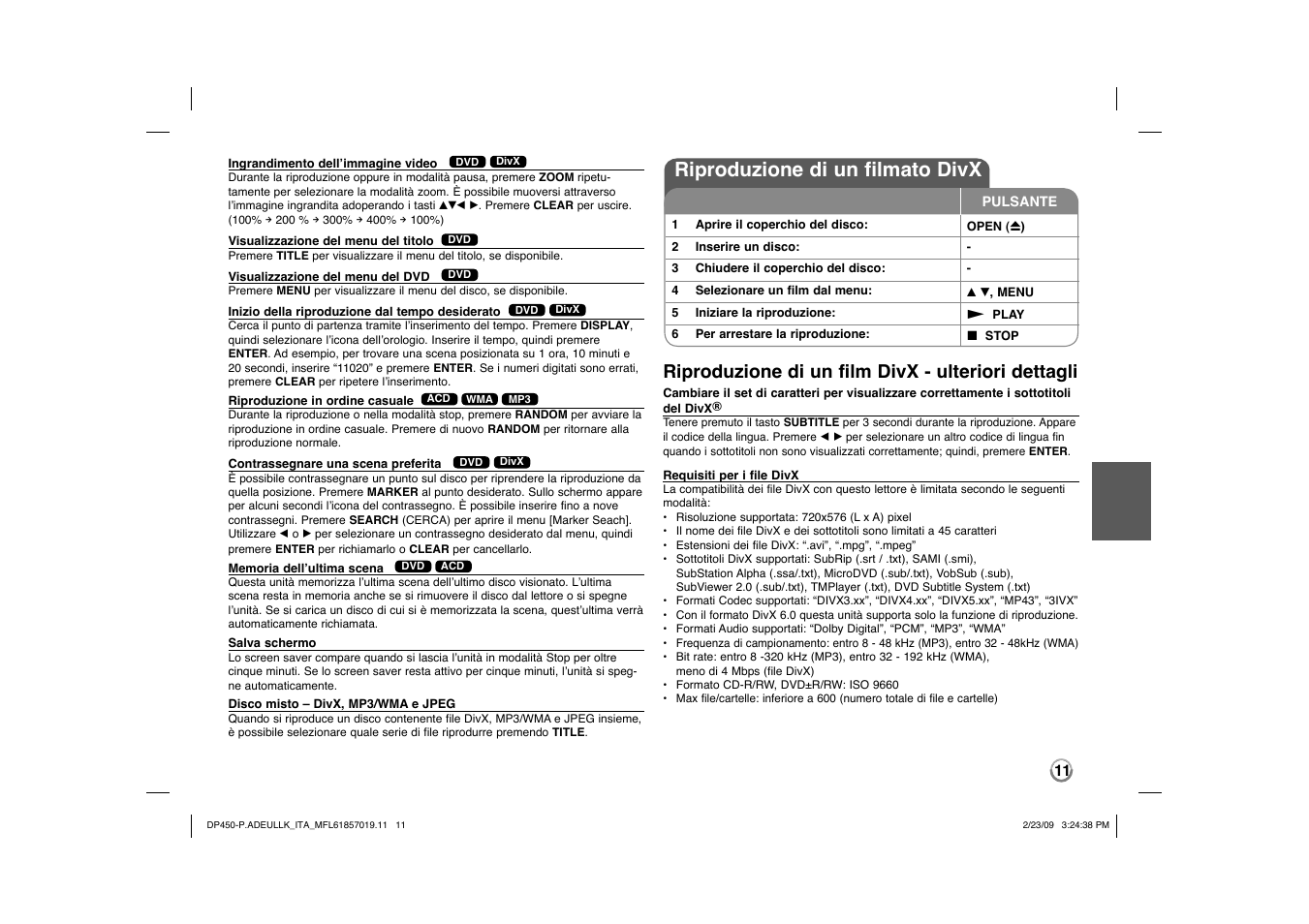 Riproduzione di un filmato divx, Riproduzione di un film divx - ulteriori dettagli | LG DP450 User Manual | Page 53 / 84