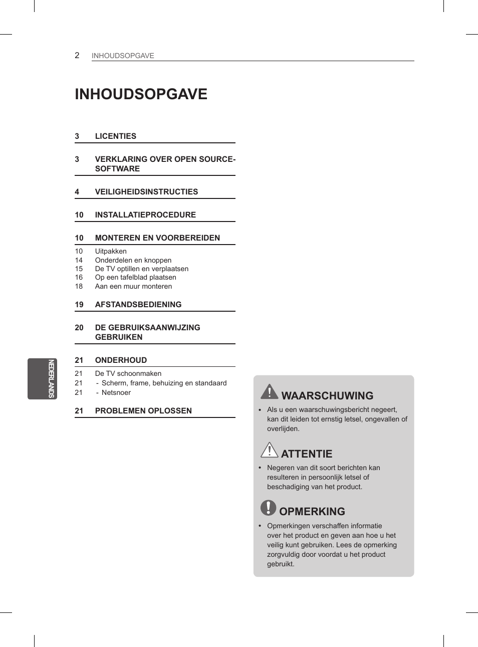 Inhoudsopgave, Waarschuwing, Attentie | Opmerking | LG 32LS3590 User Manual | Page 150 / 214