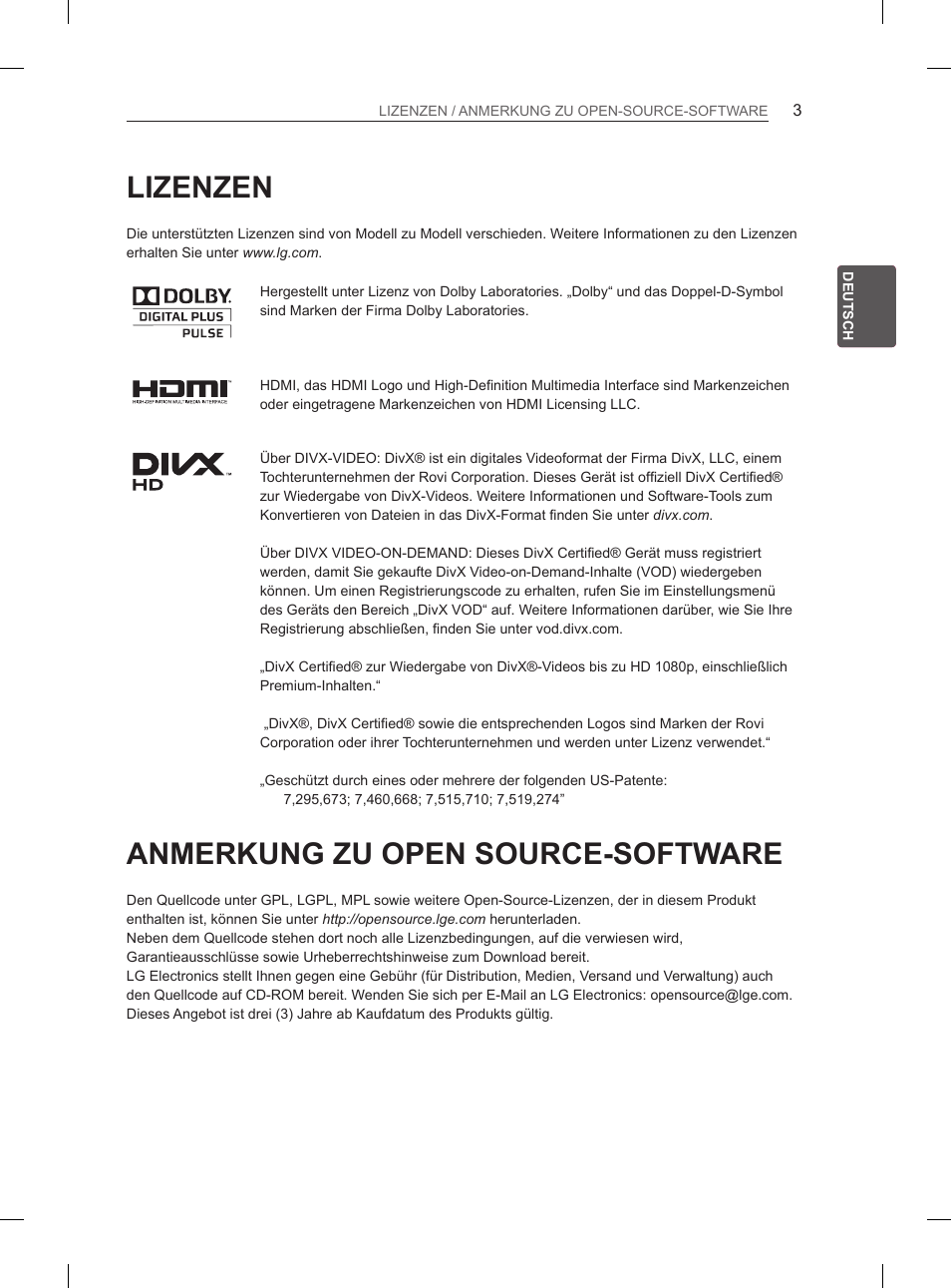 Lizenzen, Anmerkung zu open source-software | LG 32LS3590 User Manual | Page 35 / 214