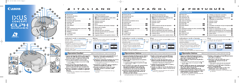 E s p a ñ o l, Nomenclatura, Operazioni basilari | Operaciones básicas, Operações básicas, Indicatori verde e arancione, Mirino, Indicadores verde y naranja, Visor, Indicadores verde e laranja | Canon IXUS Concept Arancia User Manual | Page 5 / 7