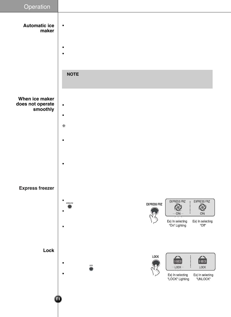 Operation, Express freezer, Lock | LG GRL2060TQA User Manual | Page 11 / 82