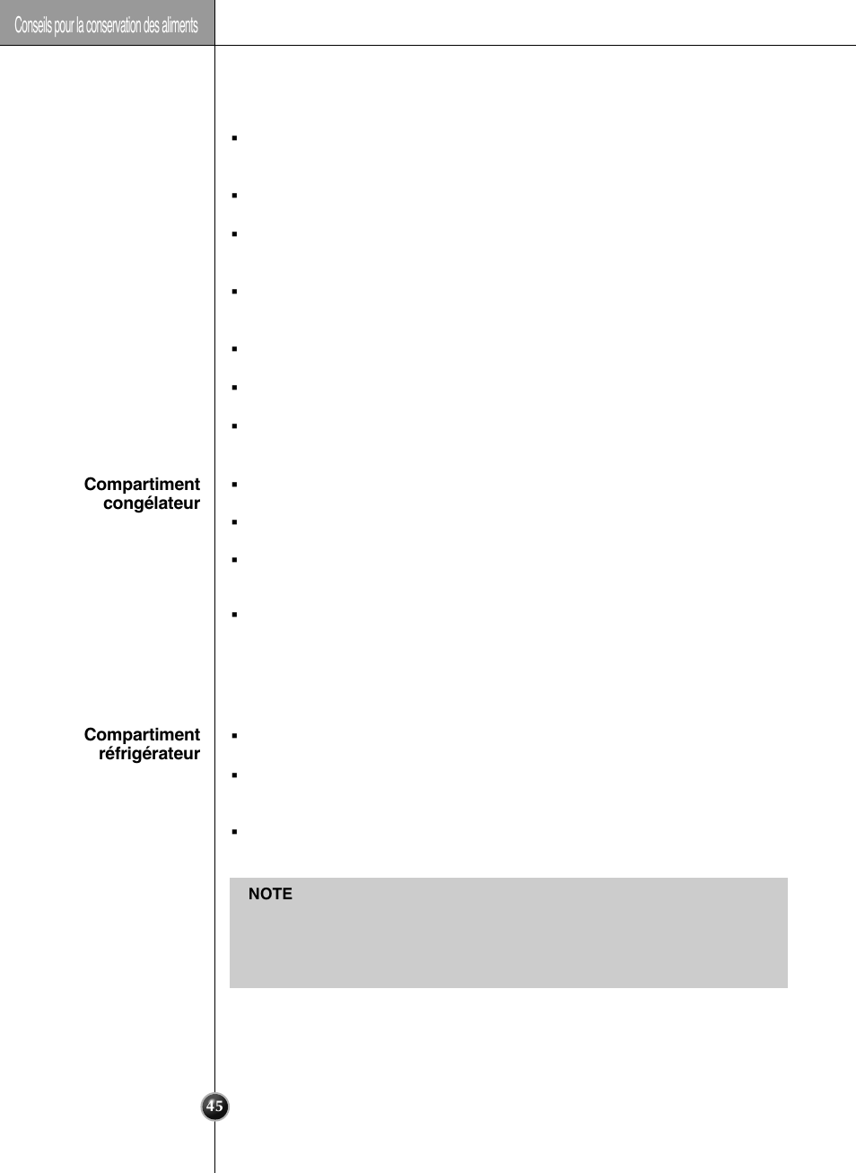 Conservation des aliments, Conseils pour la conservation des aliments | LG GRL2060TQA User Manual | Page 45 / 82