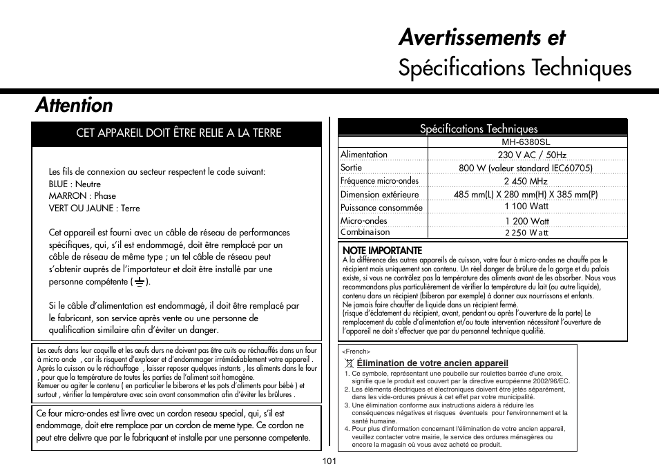 Avertissements et spécifications techniques, Attention, Cet appareil doit être relie a la terre | Spécifications techniques | LG MH-6380SL User Manual | Page 105 / 141