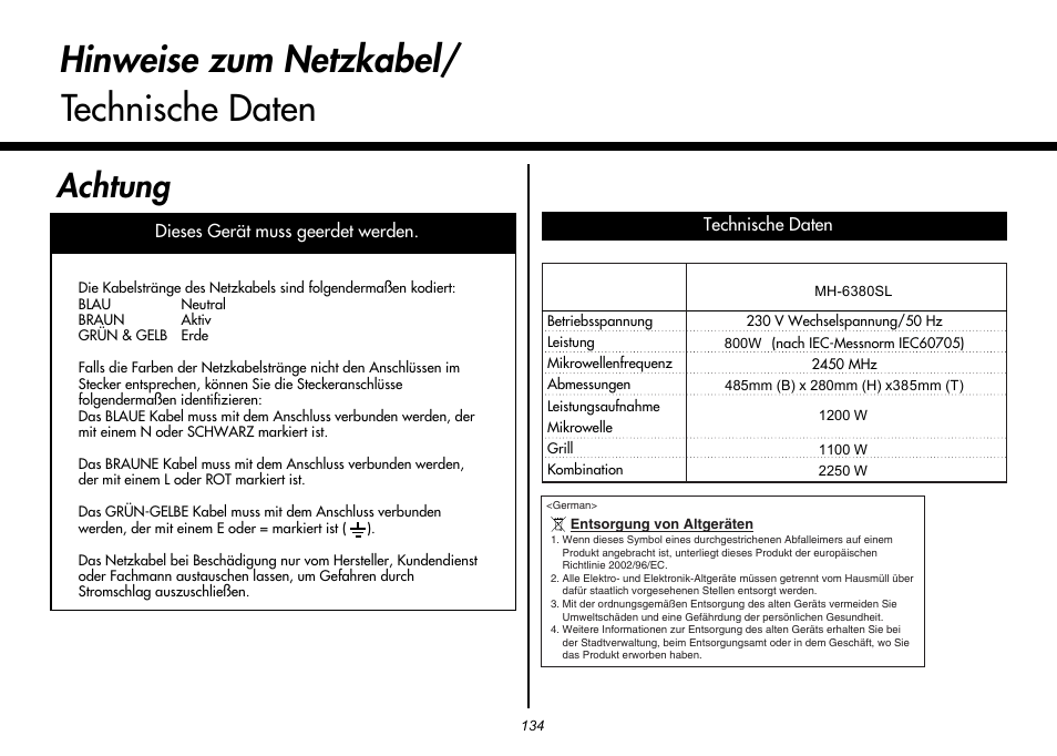 Hinweise zum netzkabel/ technische daten, Achtung | LG MH-6380SL User Manual | Page 140 / 141