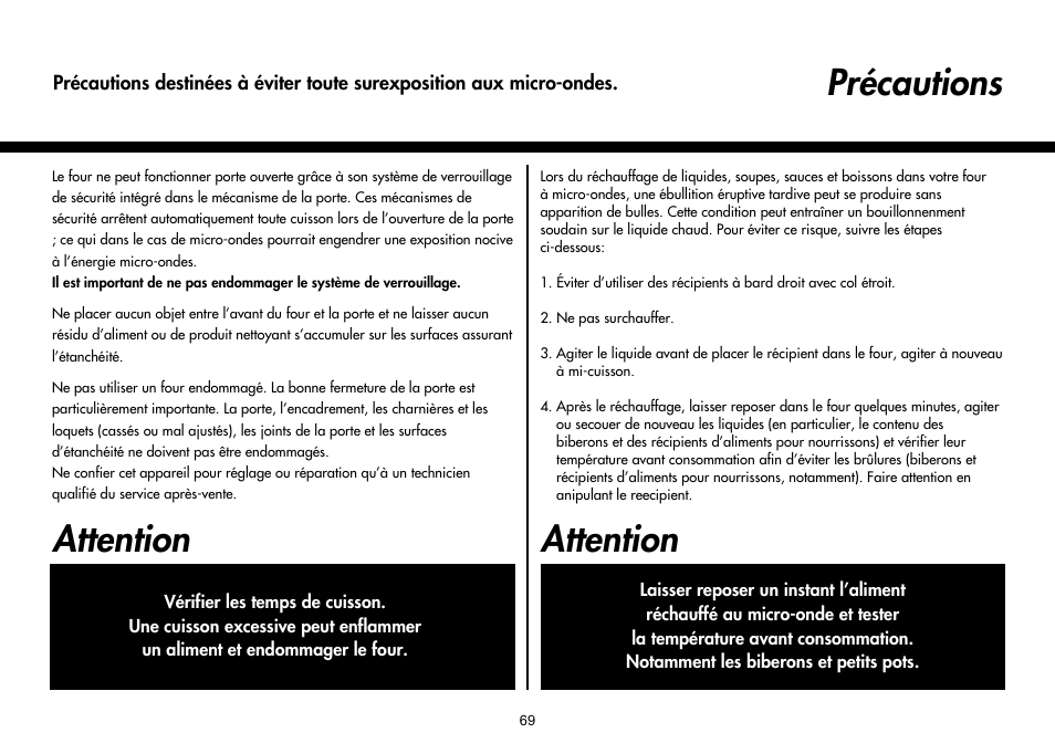 Précautions, Attention | LG MH-6380SL User Manual | Page 73 / 141