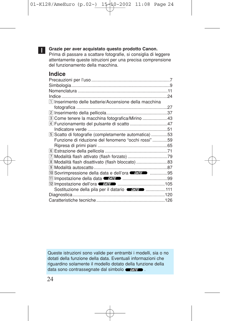 Indice | Canon Prima AF-9s Set User Manual | Page 24 / 127