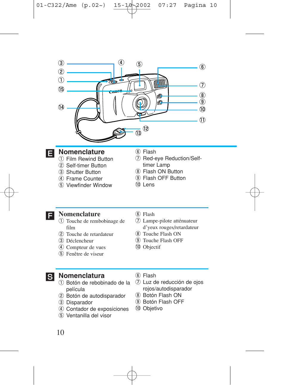 Nomenclature, Nomenclatura | Canon Prima BF-80 Set User Manual | Page 10 / 115