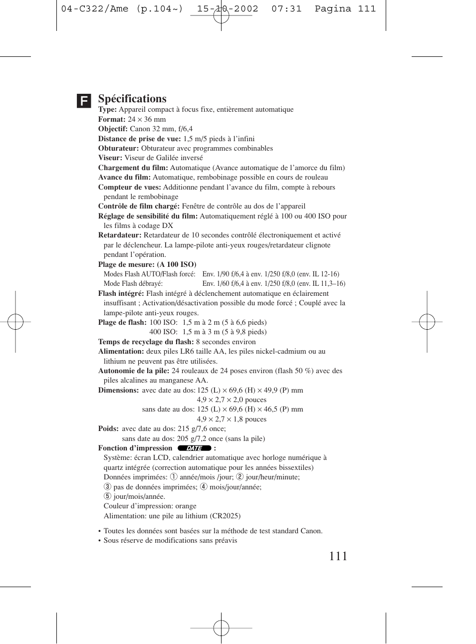 Spécifications, Deutsch | Canon Prima BF-80 Set User Manual | Page 111 / 115
