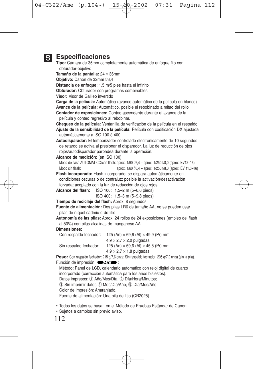 Especificaciones | Canon Prima BF-80 Set User Manual | Page 112 / 115