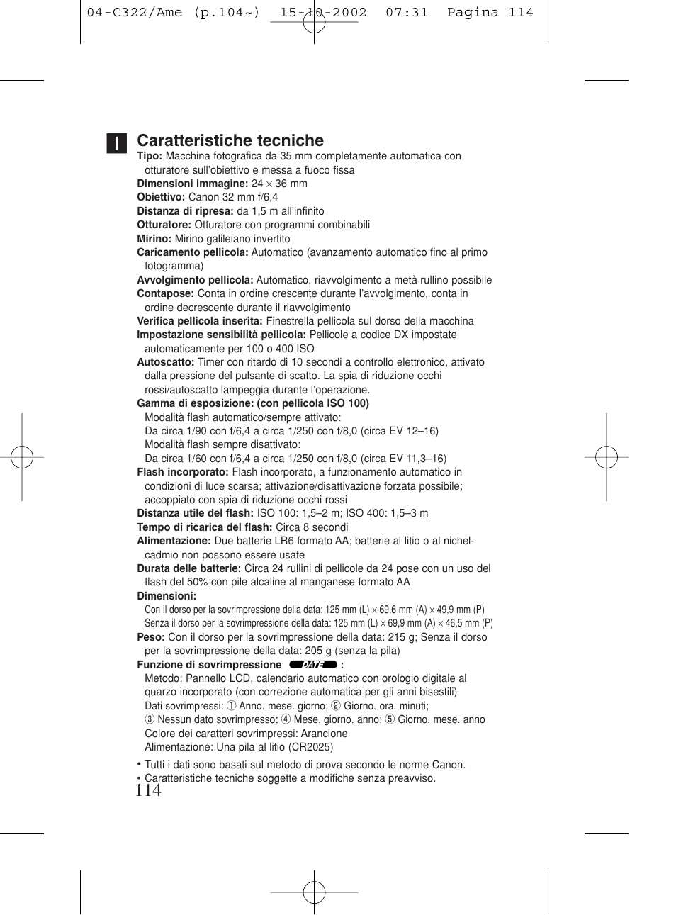 Caratteristiche tecniche, Português | Canon Prima BF-80 Set User Manual | Page 114 / 115