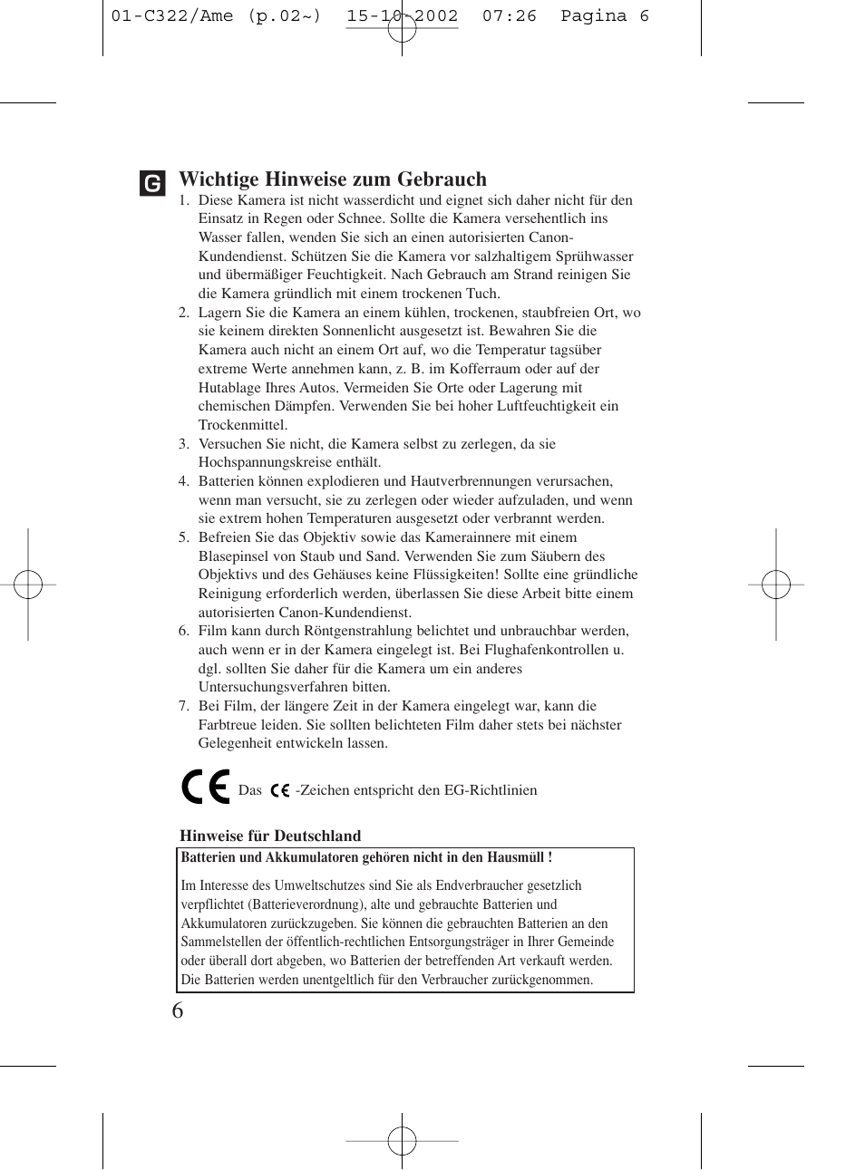 Wichtige hinweise zum gebrauch | Canon Prima BF-80 Set User Manual | Page 6 / 115