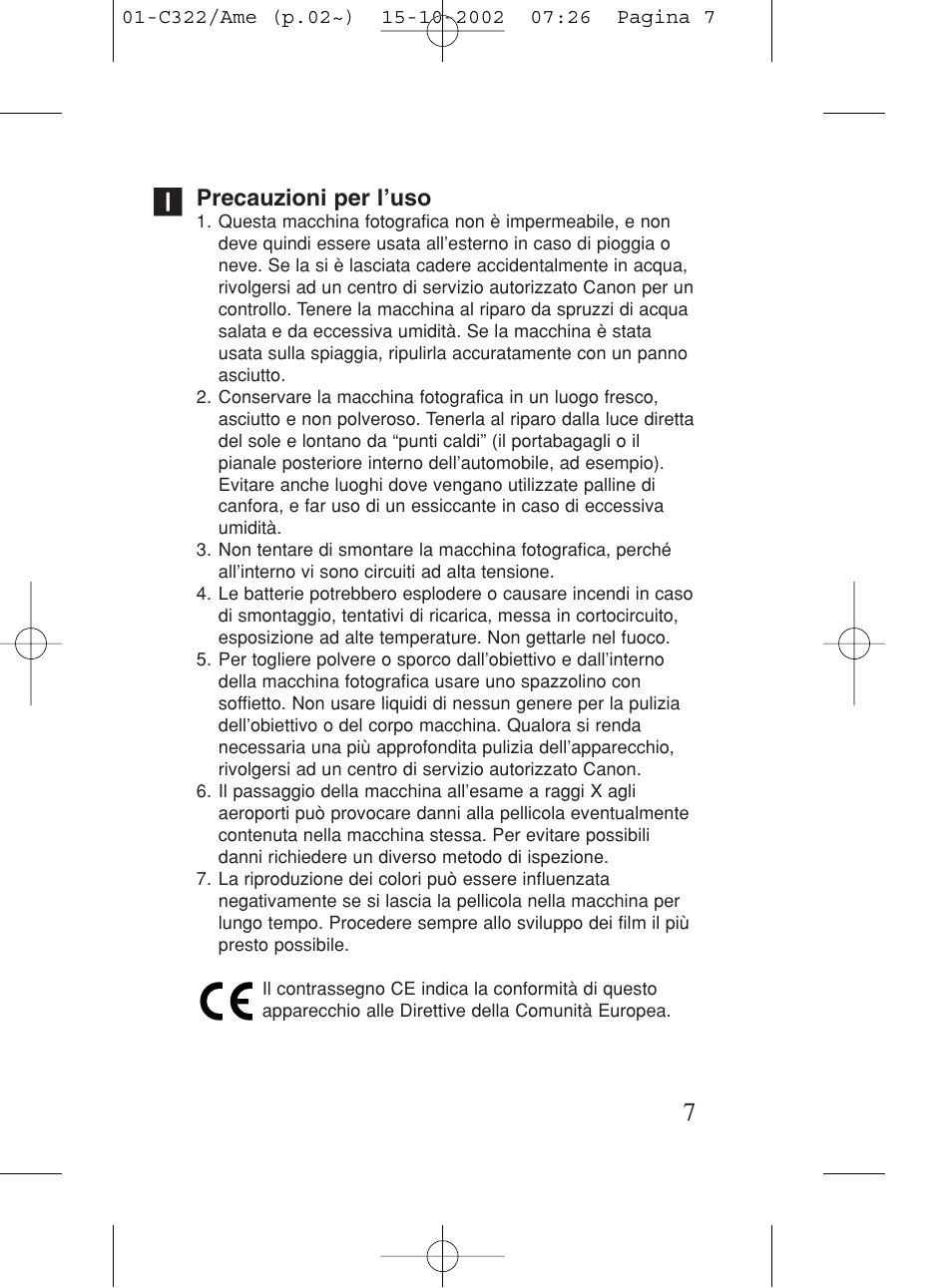 Precauzioni per l'uso, Precauzioni per l’uso | Canon Prima BF-80 Set User Manual | Page 7 / 115