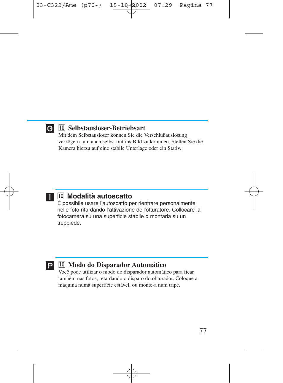 10 selbstauslöser--betriebsart, 10 modalit/ autoscatto, 10 modo do disparador automático | 0 selbstauslöser-betriebsart, 0 modalità autoscatto, 0 modo do disparador automático | Canon Prima BF-80 Set User Manual | Page 77 / 115