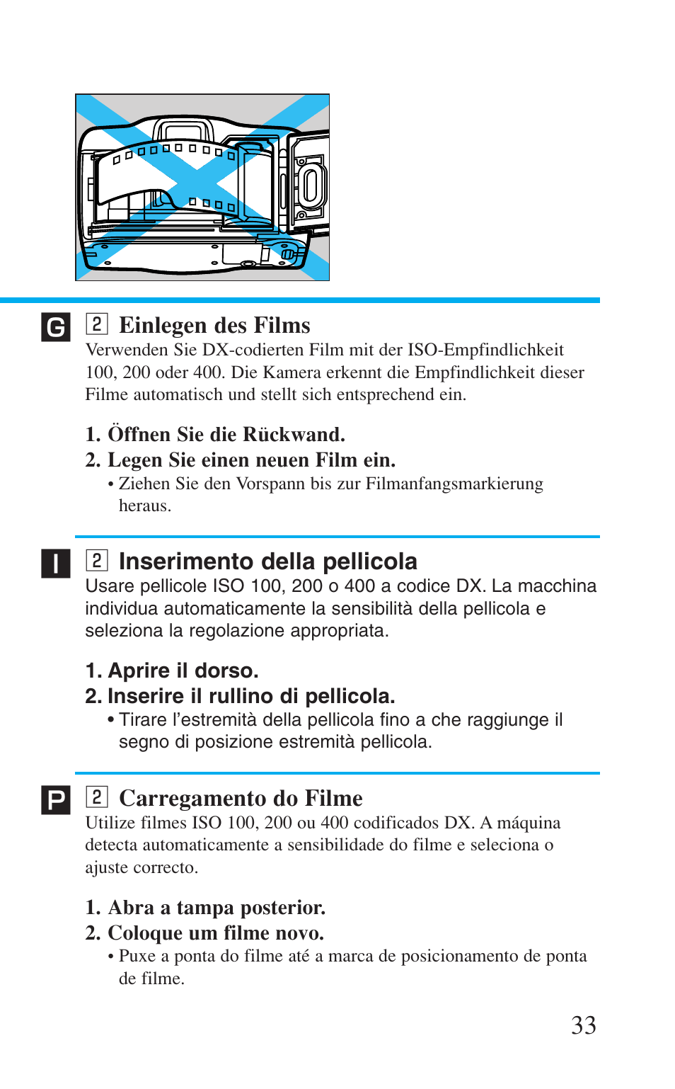 2 einlegen des films, 2 inserimento della pellicola, 2 carregamento do filme | X einlegen des films, X inserimento della pellicola, X carregamento do filme | Canon Prima BF-8 User Manual | Page 33 / 115