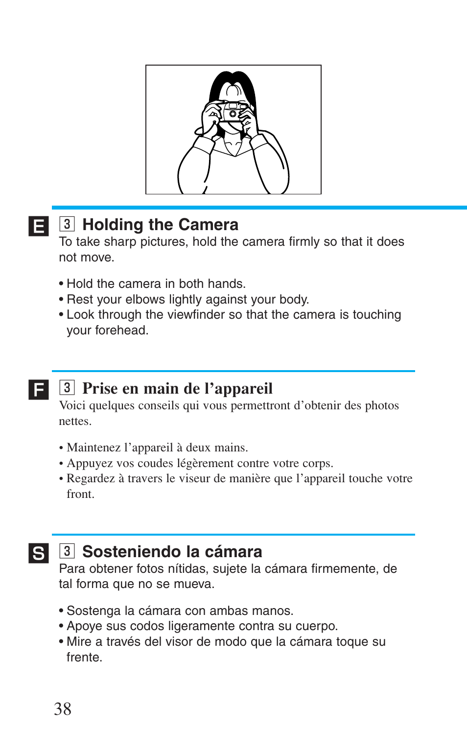3 holding the camera, 3 prise en main de l'appareil, 3 sosteniendo la cámara | C holding the camera, C prise en main de l’appareil, C sosteniendo la cámara | Canon Prima BF-8 User Manual | Page 38 / 115
