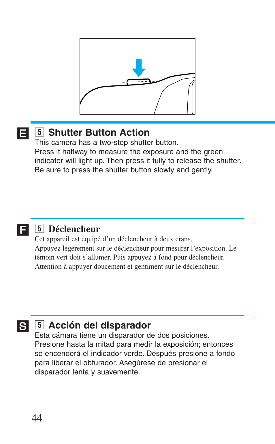 5 shutter button action, 5 déclencheur, 5 acción del disparador | B shutter button action, B déclencheur, B acción del disparador | Canon Prima BF-8 User Manual | Page 44 / 115