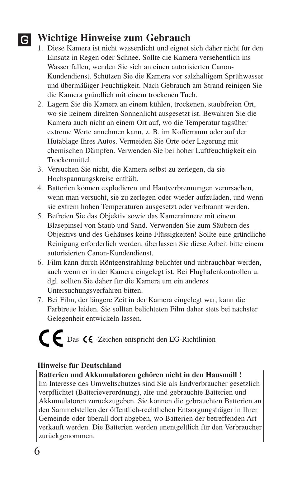 Wichtige hinweise zum gebrauch | Canon Prima BF-8 User Manual | Page 6 / 115