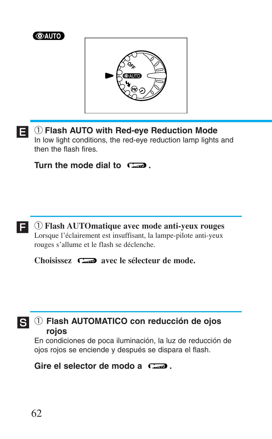 1 flash auto with red-eye reduction mode, 1 flash automatique avec mode anti-yeux rouges, 1 flash automatico con reducción de ojos rojos | Q flash auto with red-eye reduction mode, Q flash automatique avec mode anti-yeux rouges, Q flash automatico con reducción de ojos rojos | Canon Prima BF-8 User Manual | Page 62 / 115