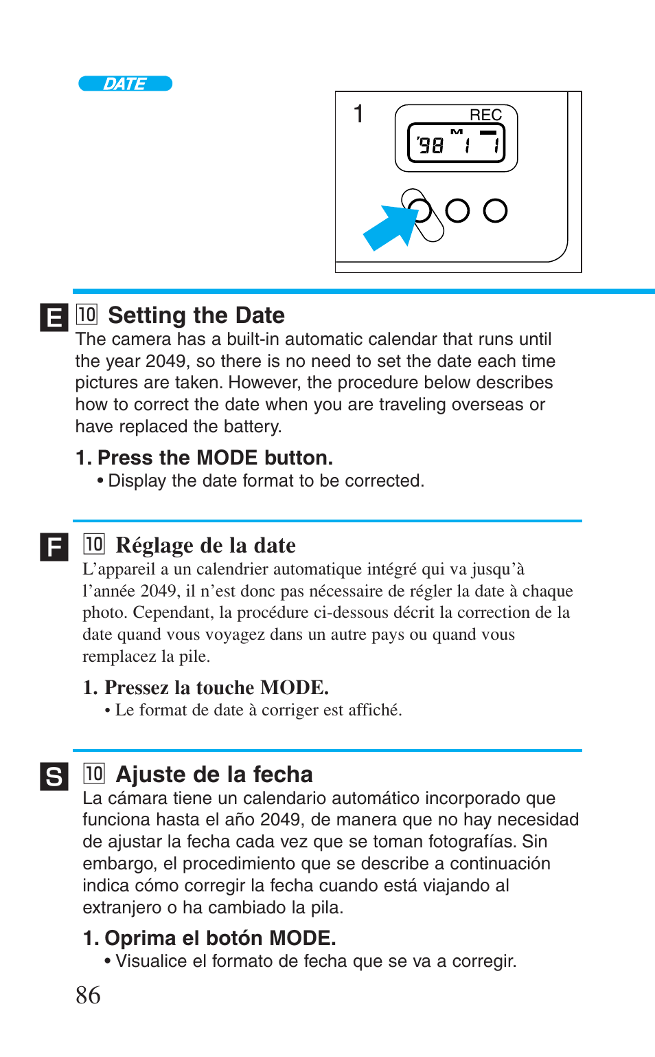 10 setting the date, 10 réglage de la date, 10 ajuste de la fecha | 0 setting the date, 0 réglage de la date, 0 ajuste de la fecha | Canon Prima BF-8 User Manual | Page 86 / 115