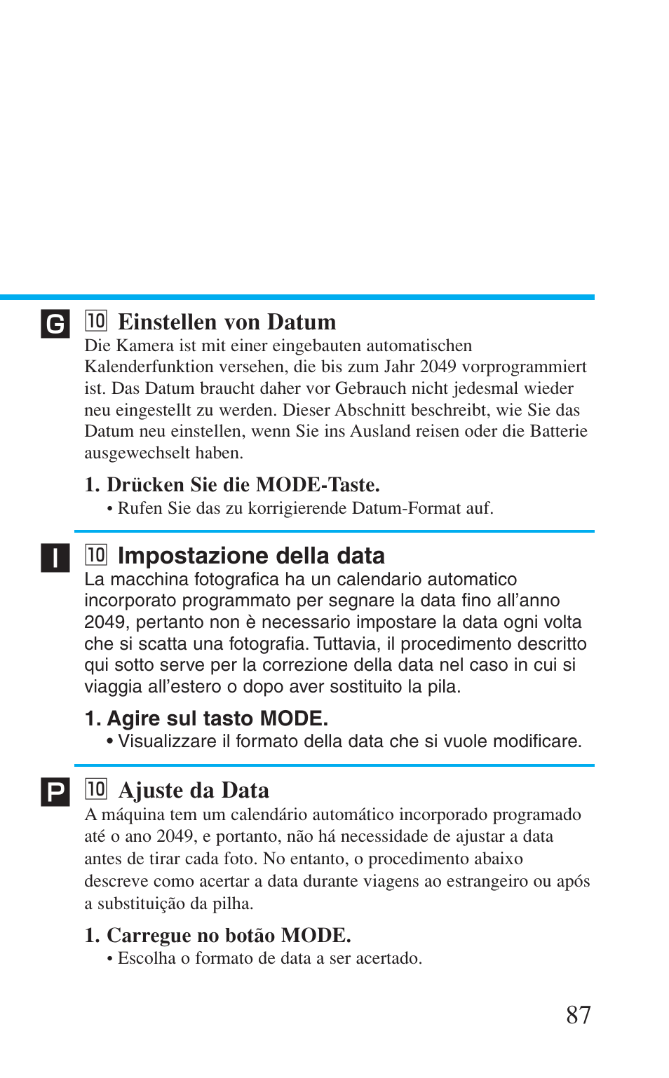 10 einstellen von datum, 10 impostazione della data, 10 ajuste da data | 0 einstellen von datum, 0 impostazione della data, 0 ajuste da data | Canon Prima BF-8 User Manual | Page 87 / 115