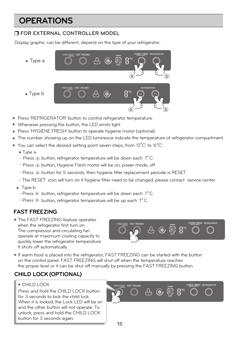 Operations, Fast freezing, Child lock (optional) | For external controller model, Type a, Type b | LG GRD7514NS User Manual | Page 15 / 80