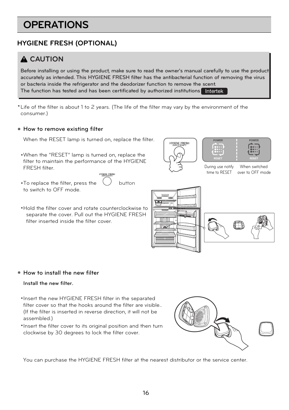 Operations, Caution, Hygiene fresh (optional) | LG GRD7514NS User Manual | Page 16 / 80