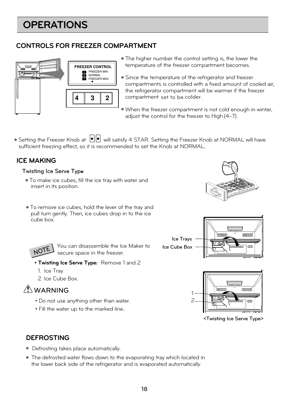 Operations, Ice making, Warning | Defrosting, Controls for freezer compartment | LG GRD7514NS User Manual | Page 18 / 80