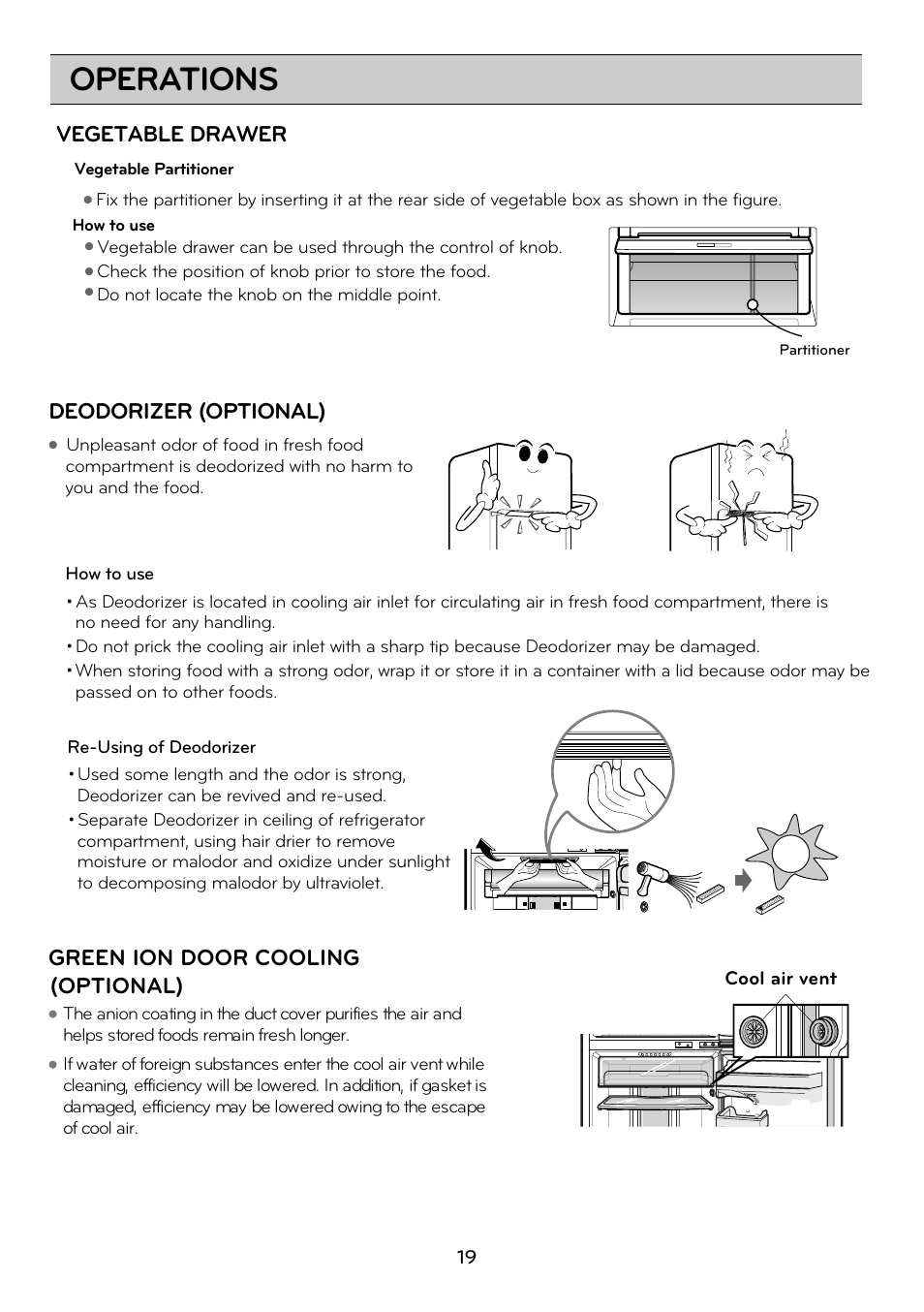 Operations, Deodorizer (optional), Green ion door cooling | Optional), Vegetable drawer | LG GRD7514NS User Manual | Page 19 / 80