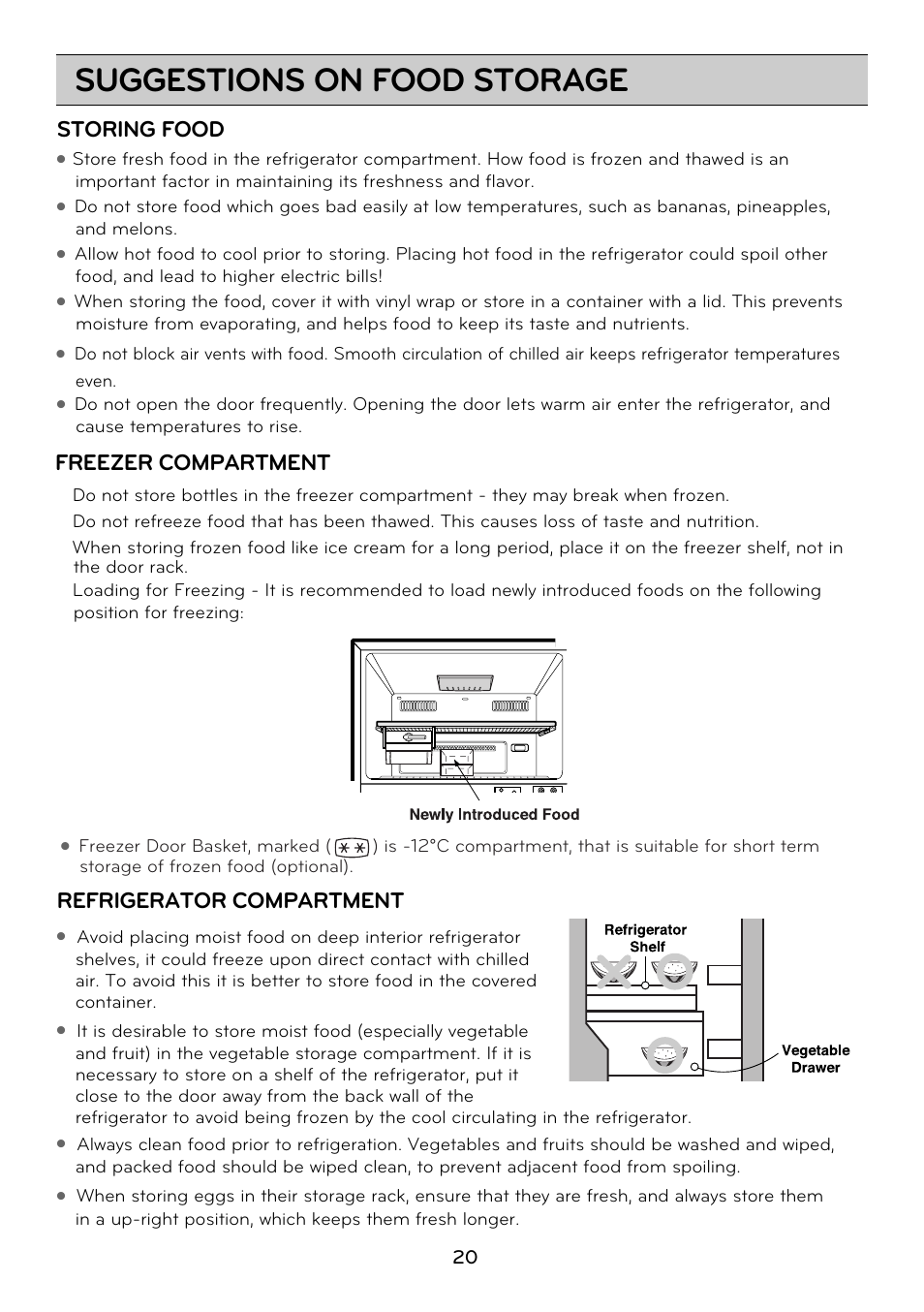 Suggestions on food storage, Storing food, Refrigerator compartment | Freezer compartment | LG GRD7514NS User Manual | Page 20 / 80