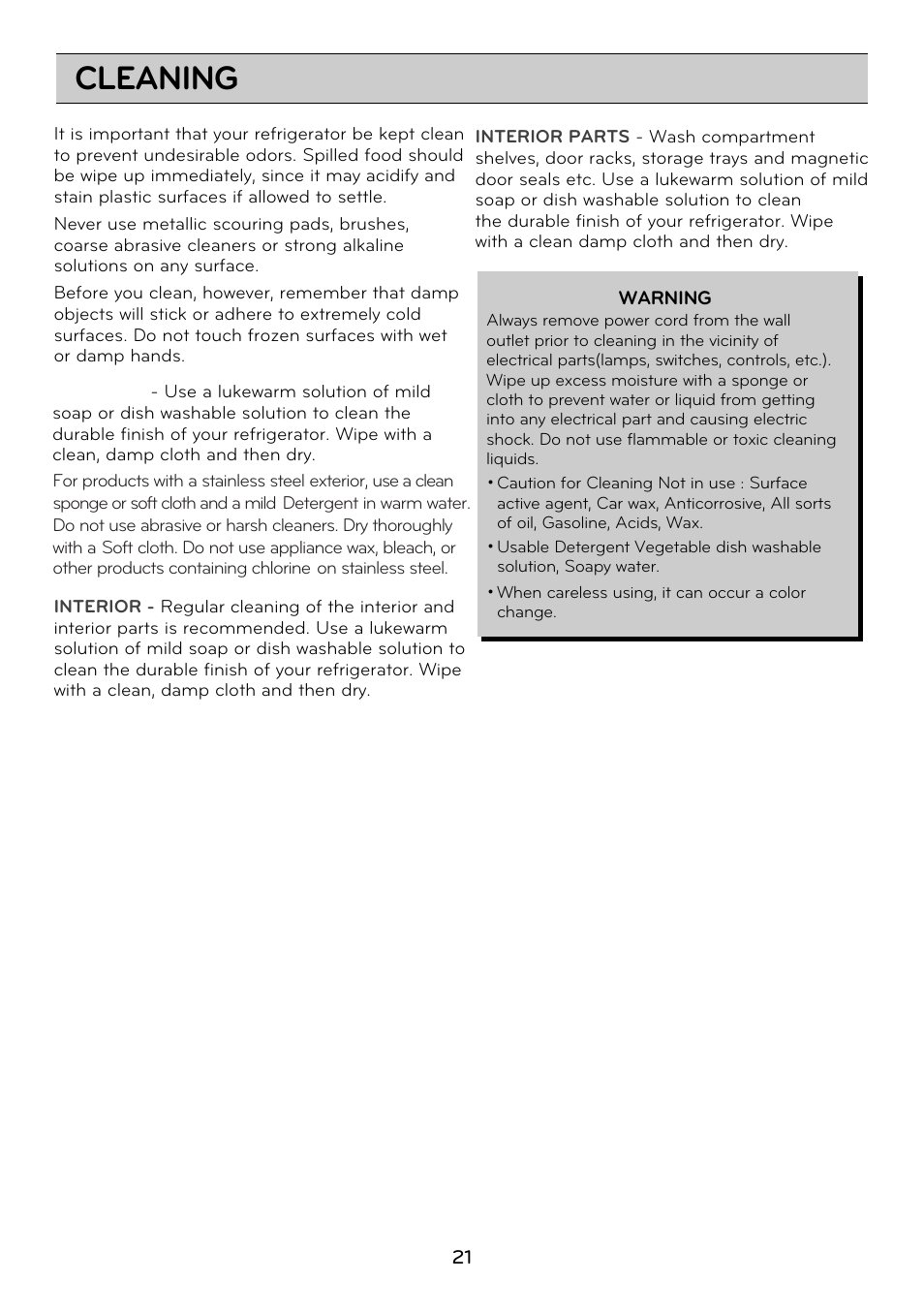 Cleaning | LG GRD7514NS User Manual | Page 21 / 80