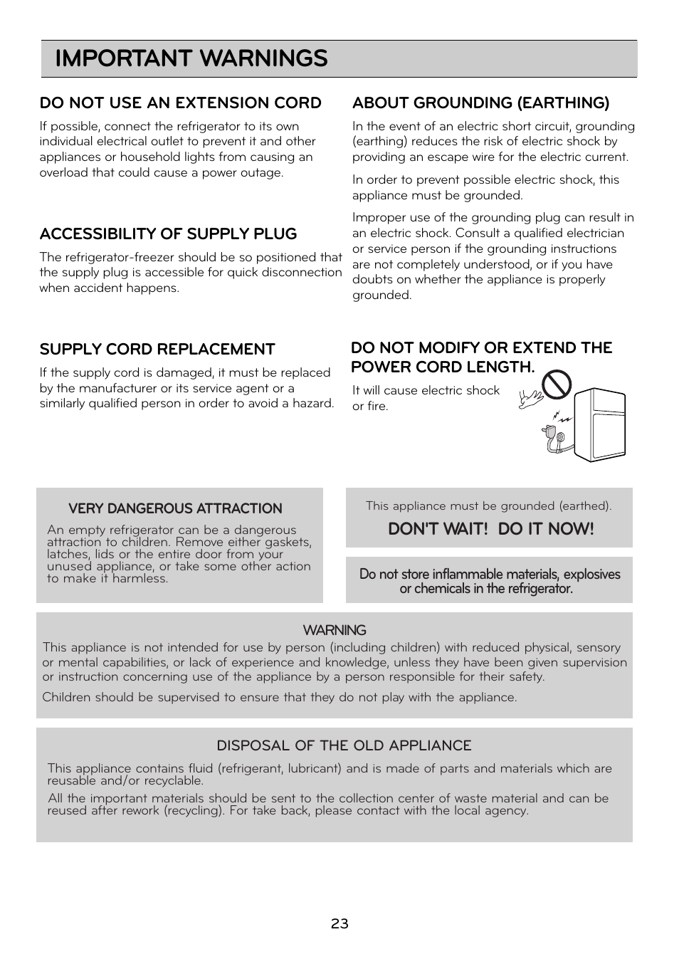 Important warnings, Don't wait! do it now | LG GRD7514NS User Manual | Page 23 / 80