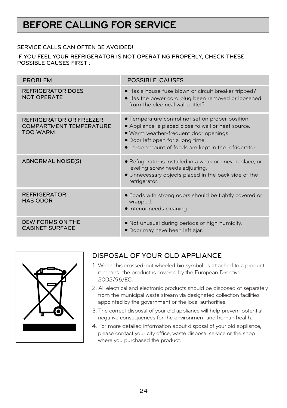 Before calling for service, Disposal of your old appliance | LG GRD7514NS User Manual | Page 24 / 80