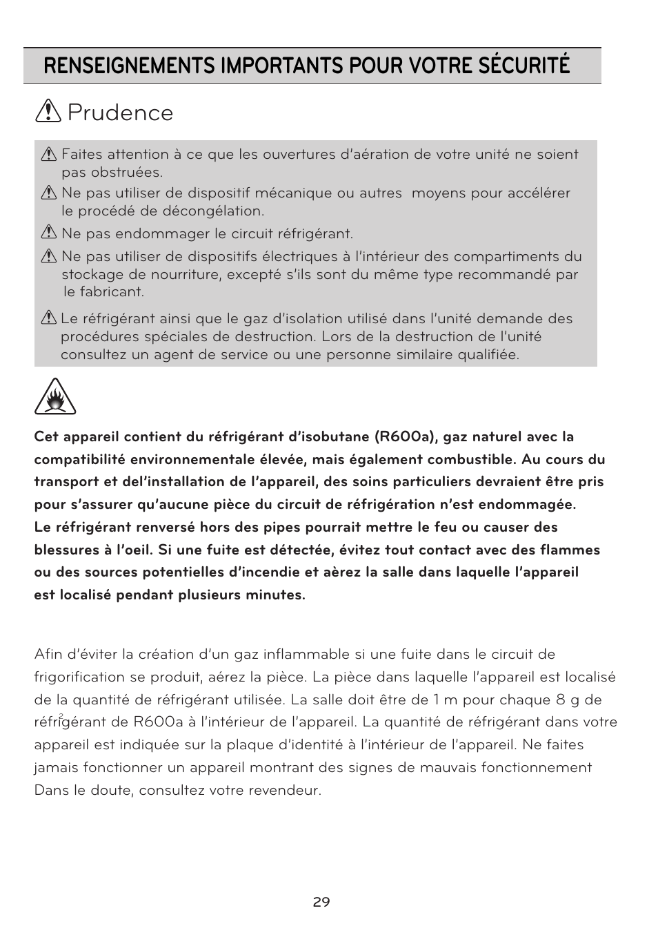Prudence, Renseignements importants pour votre sécurité | LG GRD7514NS User Manual | Page 29 / 80