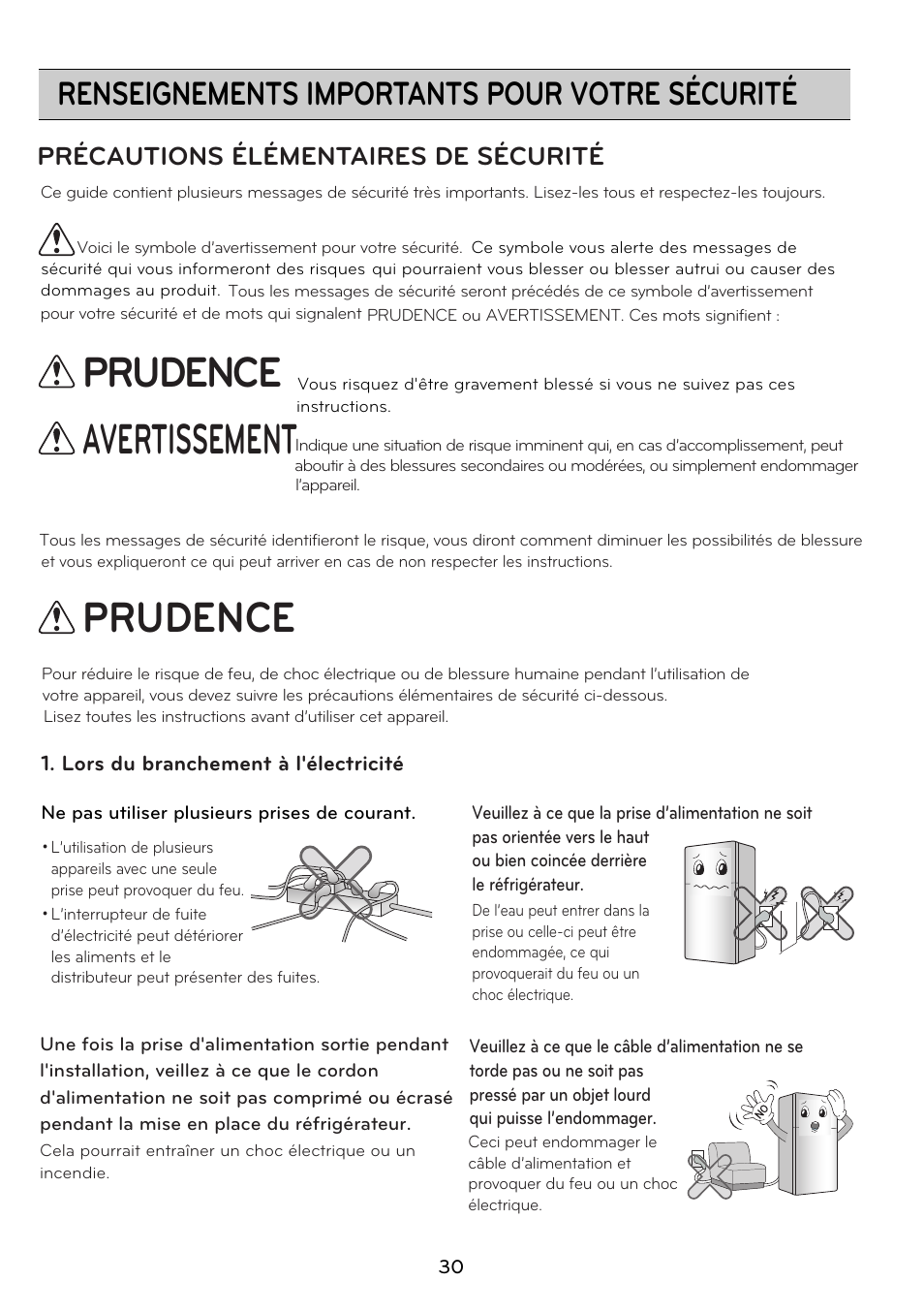 Prudence, Prudence avertissement, Renseignements importants pour votre sécurité | Précautions élémentaires de sécurité | LG GRD7514NS User Manual | Page 30 / 80
