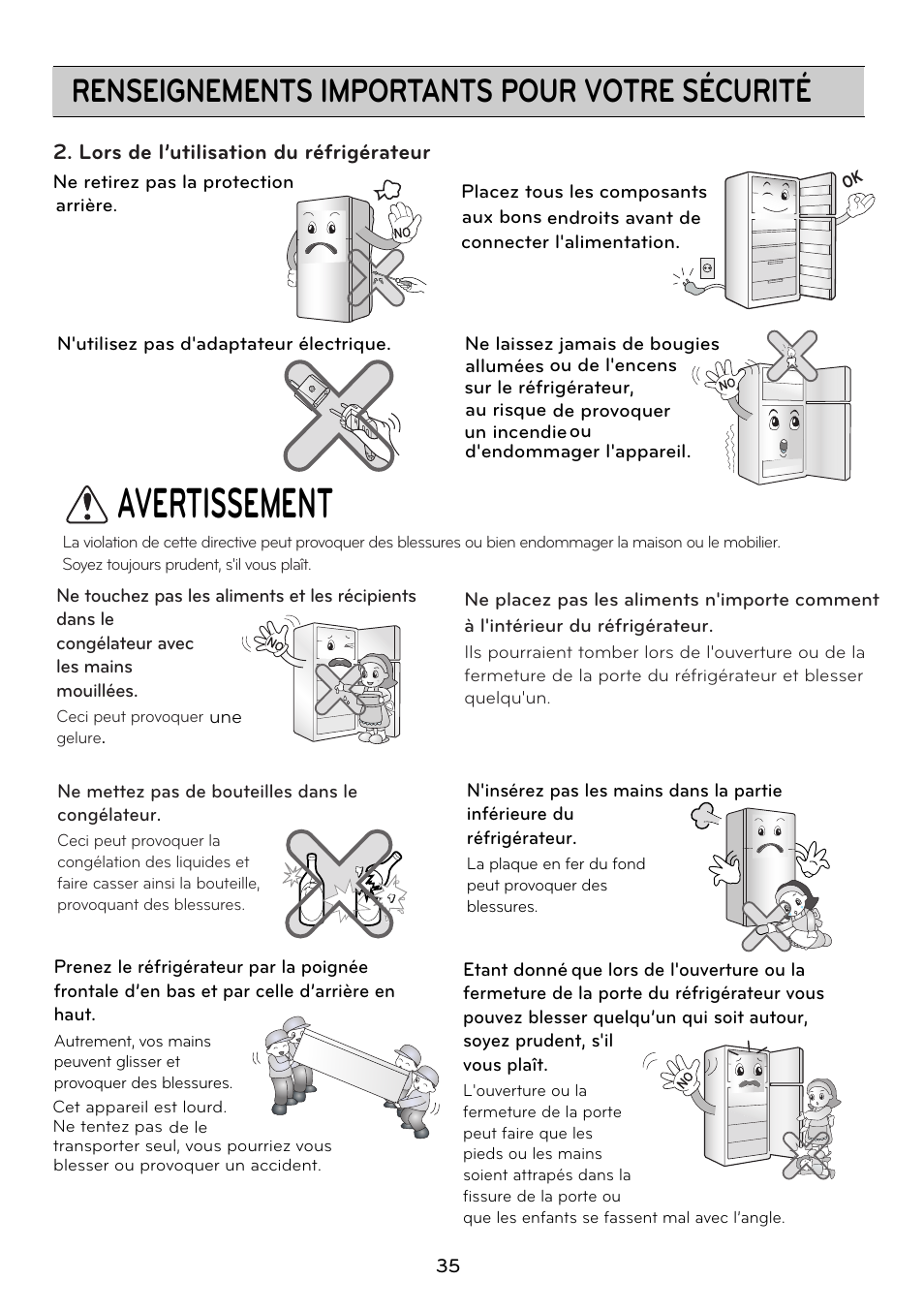 Avertissement, Renseignements importants pour votre sécurité | LG GRD7514NS User Manual | Page 35 / 80