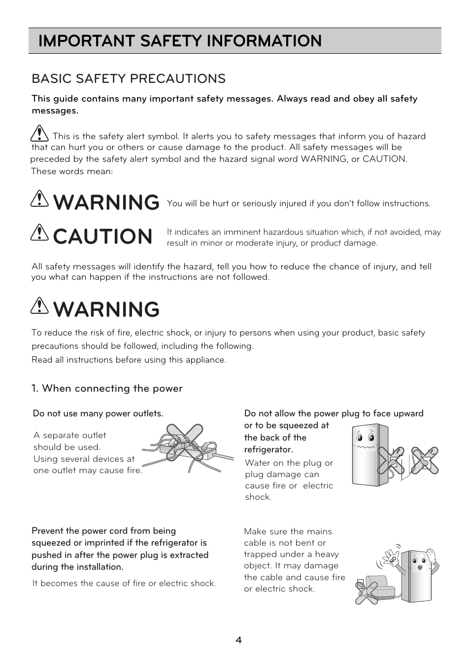 Warning, Caution, Important safety information | Basic safety precautions | LG GRD7514NS User Manual | Page 4 / 80