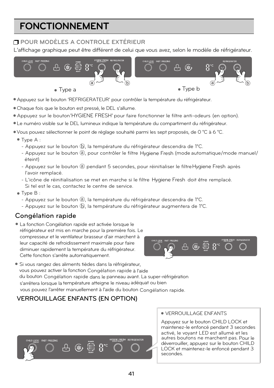 Fonctionnement, Congélation rapide, Verrouillage enfants (en option) | Pour modèles a controle extérieur, Type a, Type b | LG GRD7514NS User Manual | Page 41 / 80